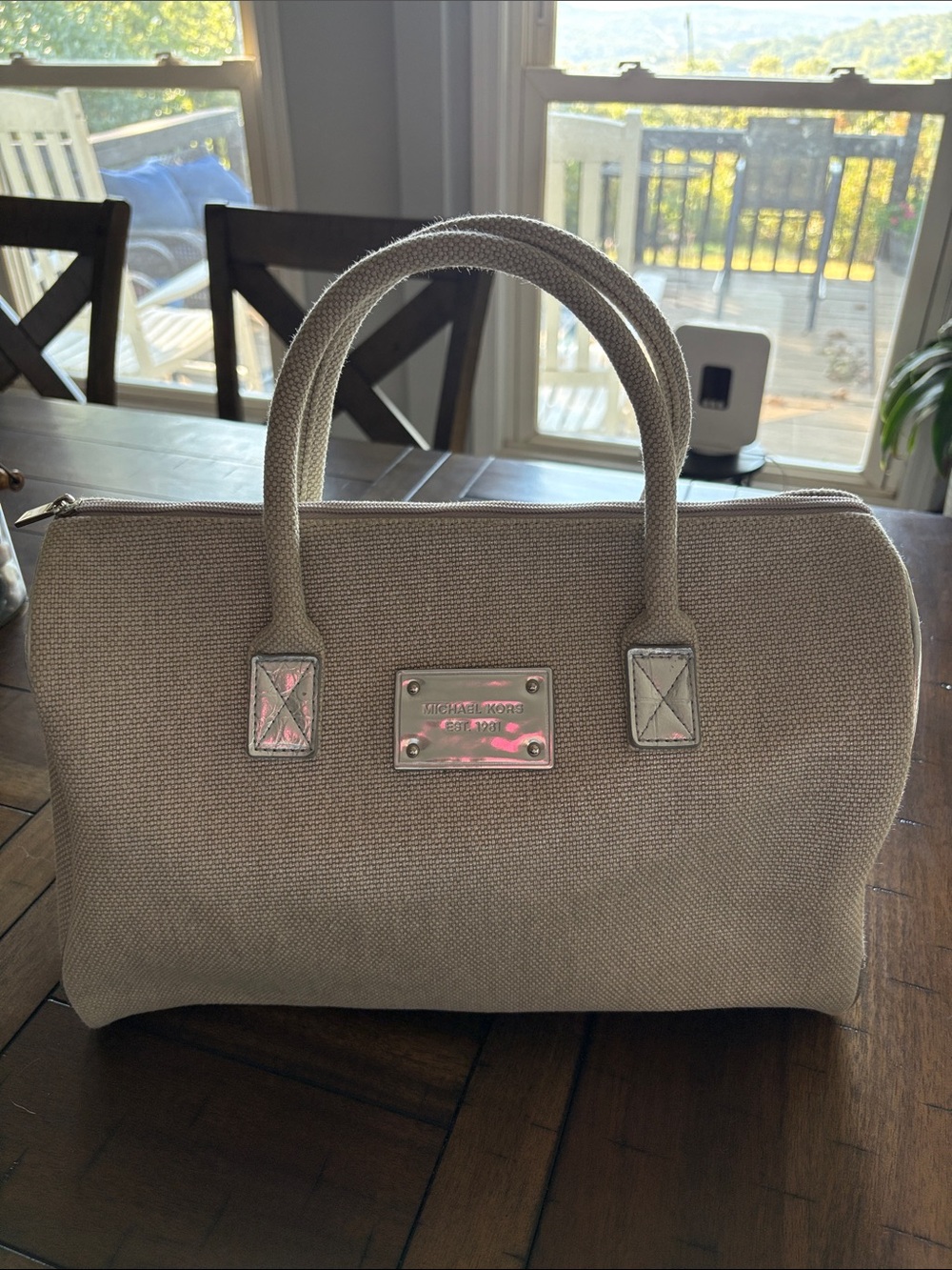 Michael Kors Taupe Canvas Fabric Bag with Silver